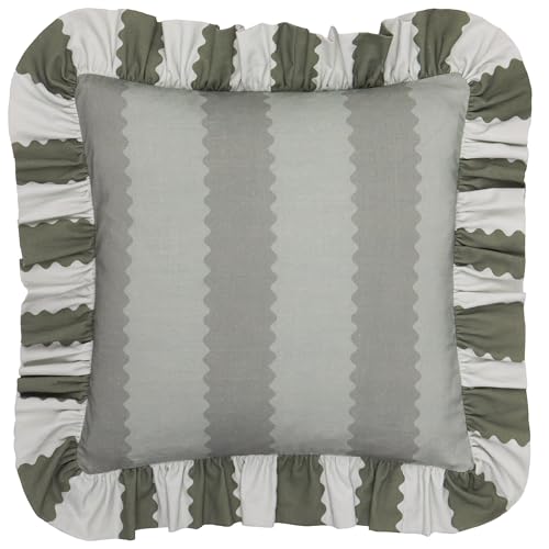 Image of furn. Wylder Birdie Stripe Polyester Filled Cushion – Ruffle Edge Cotton Striped Decorative Pillow (Baygreen/Mist – 45x45cm)