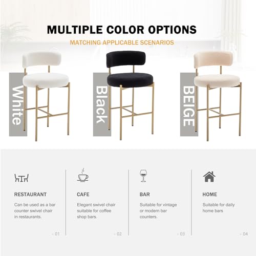 Image of Cinxzar Boucle Bar Stools Set of 3, Beige Counter Height Bar Stools with Backs, Gold Modern Barstools for Kitchen Island, Pub, Club