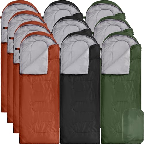 Macarrie 10 Pcs Bulk Sleeping Bags for Homeless Donation Shelter Adults 0 Degree Waterproof Sleeping Bags with Compression Sack for Cold Weather Emergency Hiking Camping Warm(Green, Black, Maroon)