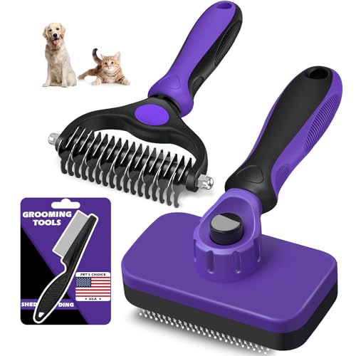 Image of Professional 3PCS Self Cleaning Slicker Brush & Pet Grooming Rake & Flea Comb for Dogs,Cats and Horses | Double-Sided Dematting Comb & Skin Friendly Deshedding Grooming Tool | Pet Supplies (Purple)