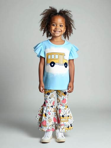 Image of Unique Baby 2 Piece Girls Double Bell Bottom Leggings Outfit with Short Sleeved Shirt Kid and Toddler Clothes Set