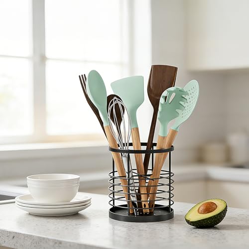 Image of WDT Tool Utensil holder for Kitchen Counter - 5.2 inch x 5.2 inch x 6 inch Large Round Utensils Holder with Wooden Base Matte Black Cooking Utensil Holder，Kitchen countertop Utensil Organizer (Metal-1)
