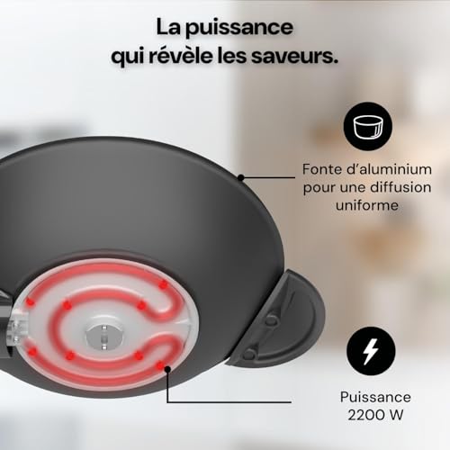 riviera&bar Wok Électrique Expert 5L - Cuve en Fonte d'Aluminium, Couvercle en Verre, Thermostat Réglable 10 Positions, Cuisson Polyvalente et Nettoyage Facile - Pour 8 Personnes - Noir – Image 3