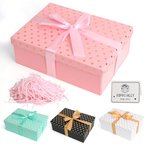Caja de Regalo con Tapa Bonita, Plegable Caja Regalo Cumpleaños, 25 x18 x 9 CM, Cajas para Regalos con Lazo Tarjeta Rafia para Felicitación para Cumpleaños Navidad Boda Valentín (Rosa.)