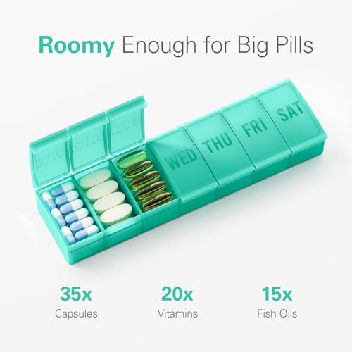 Image of Barhon Pill Organizer Large, Weekly Pills Organizer Pill Box, Medicine Pill Organizer Travel, 7 Day Pill Case for Big Vitamins Supplements Fish Oil, Green