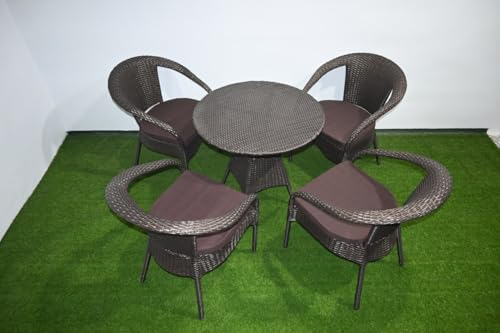 Image of PRATHAM India 4+1 Outdoor Indoor Patio Set Bistro Set Rattan Set Lawn Balcony Hall Outdoor Garden Chair Table Set (Brown Chair & Brown Cushion)