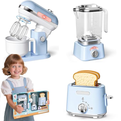 BAKAJI Set Elettrodomestici da Cucina Giocattolo Blu per Bambini, Planetaria, Tostapane e Frullatore, Luci e Suoni Realistici, Mixer, Impastatrice, Frullino, Giochi di Ruolo e Finzione, Idea Regalo