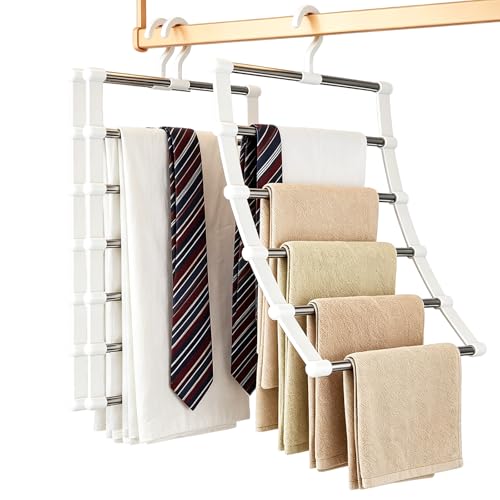 Cintre Pantalon Gain de Place Lot de 3, Cintres à Pantalons 6 Niveaux avec Crochet Pivotant 360° et Barre Amovible, Porte Pantalon Pliable pour Foulards,...