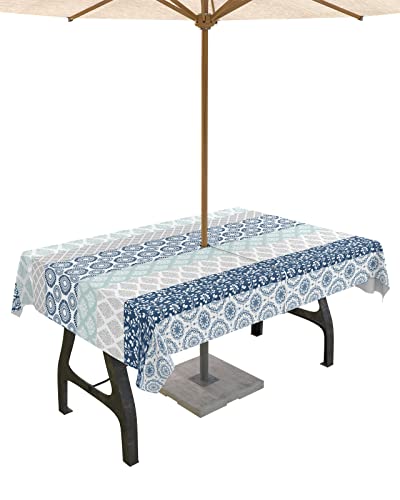 Bohemia Outdoor Tablecloth 60x84 Inch Rectangle Tablecloth with Umbrella Hole and Zipper Waterproof Polyester Fabric Table Cloth Art Boho Style Texture Blue Grey Table Cover for Patio Picnic