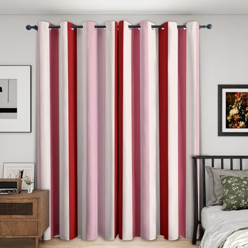 Generisch Blickdichte Vorhänge Gestreift Muster, H 137 x B 117 2er Set - Rosa Rot gestreift Fenster Gardinen mit Ösen, 137 cm Lang Curtains Wohnzimmer Schlafzimmer Deko OL51