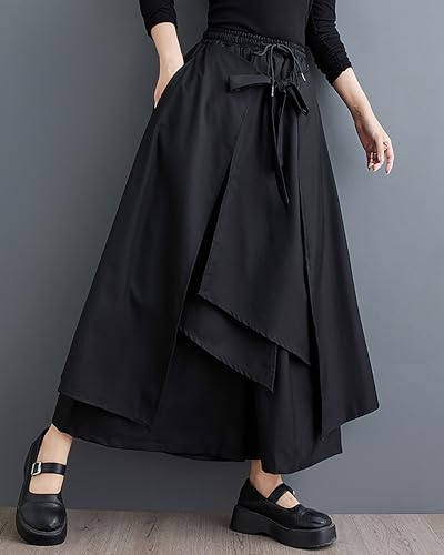 ellazhu Women's Skirt Pants Solid Elastic Waist Two Side Pockets Asymmetrical Hem Casual Baggy Loose GZ430 A4