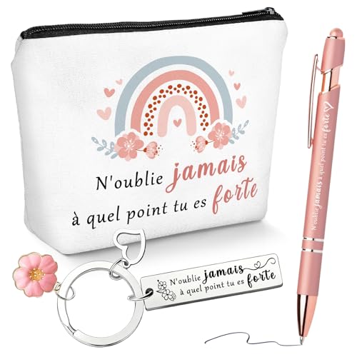Cadeau de Courage Trousse a Maquillage Femme avec Porte Clé Femme et Stylo à Bille, pour Meilleure Amie Cadeau Jeune Collègues Famille, Cadeaux de Encouragement de Noël