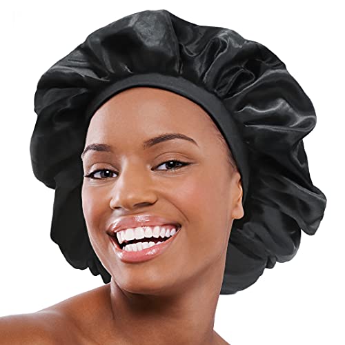 CASRO bonnets for black women Sleep Cap Silky Bonnet Satin Wide Elastic Band for Women Curly Natural Long Hair Large (Pure Black)