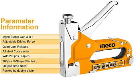 INGCO Staple Gun, 3 in 1 Staple Gun Heavy Duty with 200 Staples, 200 U-Shape Staples, 200 Brad Nails