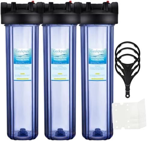 Geekpure 20 Inch Clear Whole House Water Filter Housing with Wrench Bracket -4.5" x 20" - 1" NPT Brass Port -Pack of 3