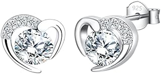 Silver Stud Earrings for Women, Heart Shaped White Gold Stud Earrings with Cubic ZirconiaDainty Heart Studs Earrings Jewellery Gifts for Girls