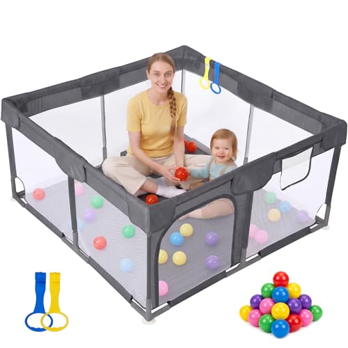 Image of Dripex Baby Playpen, 47 inchx47 inch Small Play Pen for Babies, Dark Gray | Included Colorful Balls / Pull up Rings, Breathable Visible Mesh, Anti-Fall Design, Easy Setup, Indoor /Outdoor Use