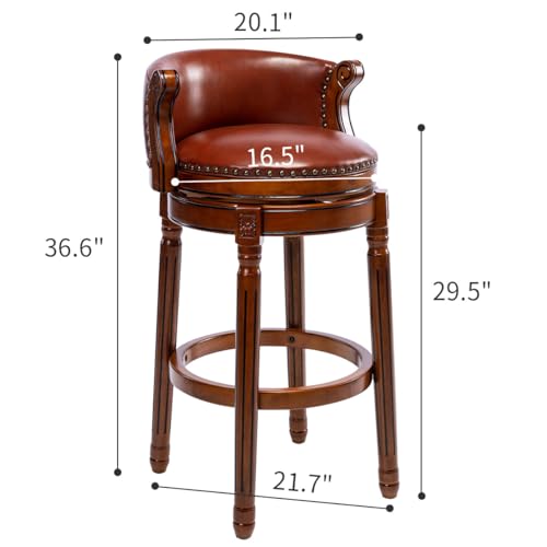 Image of Cow top Leather Wooden Bar Stools, 29.5 inch Bar Height Bar Chair with Back, 180 Degrees Swivel Barstools Chair for Home Kitchen Counter,Dining Room (Brown 2pcs, Bar Height-Seat Height 29.5 inch)