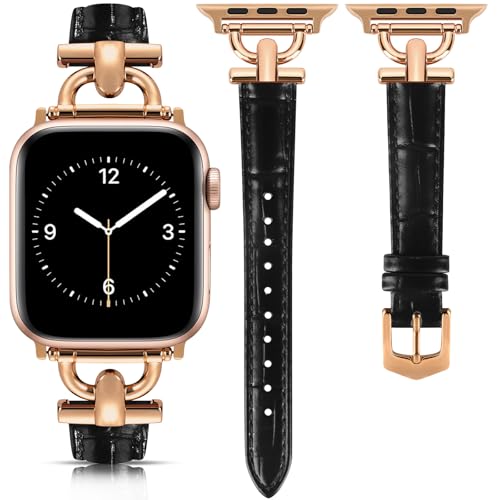 Image of Leather Band Compatible with Apple Watch Bands for Women, Dressy Fancy Strap for iWatch Series 11 /10 /9 /8 /7 /6 /5 /4 /3 /2 /1 /se(38mm 40mm 41mm 42mm,Black /Rose Gold)