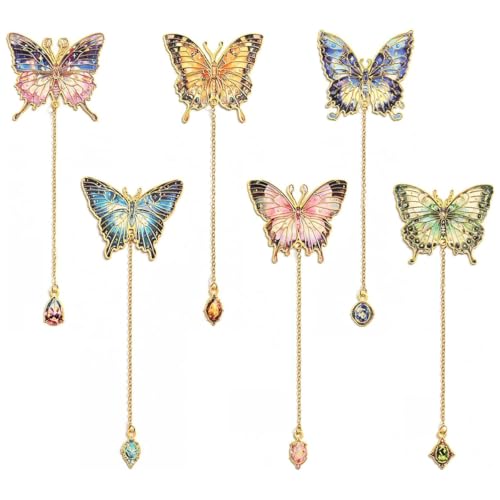 Image of 6 Pieces Metal Butterfly Bookmarks with Colorful Chains, Decorative Reading Bookmarks, Paper Cards for Gifting, Unique Book Page Markers for Students, Teachers, Women, Book Lovers
