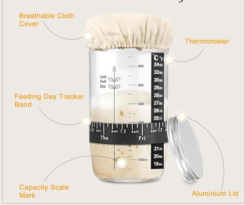 PIQIUQIU Sourdough Starter Jar 24 oz/680 ml, Glass Sourdough Starter Kit with Date Feeding Band, Thermometer, Lid - Image 3
