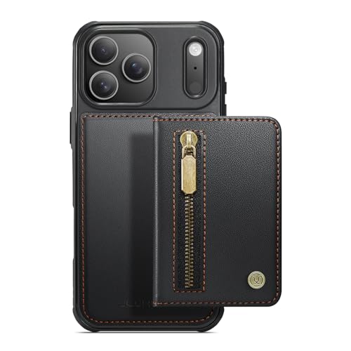 Étui en cuir iPhone 17 Pro Max noir avec coque amovible magnétique et porte-cartes