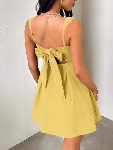 Image of Womens Summer Mini Dress Square Neck Sleeveless Going Out Dress Back Bow A-line HOCO Open Back Short Dress