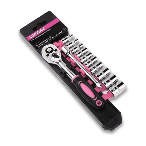 Egofine 12pcs 1/4 Inch Mini Ratchet Socket Wrench Set Drive Socket Set with 10 Sockets (4-13mm) and 2 Way Quick Released Ratchet Handle and Extension Bar Pink