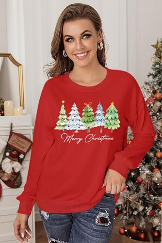 Image of PECHAR Christmas Tree Sweatshirts Women Pine Tree Print Shirts Nature Lover Gift Casual Tee Long Sleeve Xmas Pullover