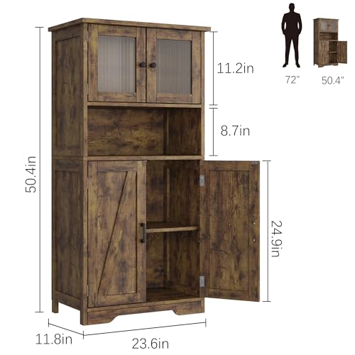 GarveeHome 54in Tall Bathroom Cabinet, Farmhouse Storage Cabinet with Glass Doors and Adjustable Shelves, Freestanding Kitchen Pantry Cabinets, Cupboard for Living Room, Dining Room, Rustic Brown