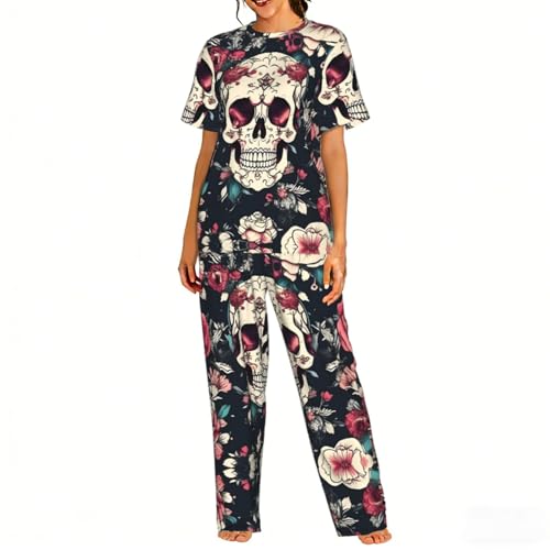 Pyjama doux pour femme en tissu ultra confortable avec imprimé fleuri et crânes stylisés