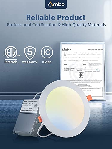 Amico 4 Pack 6 Inch 5Cct Ultra-Thin Led Recessed Ceiling Light With Junction Box, 2700K/3000K/4000K/5000K/6000K Selectable, Dimmable Can Light, 1200Lm High Brightness Downlight,15W Eqv 130W,Etl #TOP6