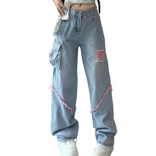 Grunge Y2K Goth Vintage Casual High Rise Loose Straight Wide Leg Pink Ripped Frayed Raw Trim Cargo Jean Pants