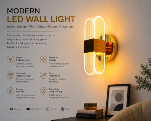Image of Modern LED Wall Light for Home, Gold Finish Decorative Acrylic Wall Sconce, Curved Design, Pack of 1