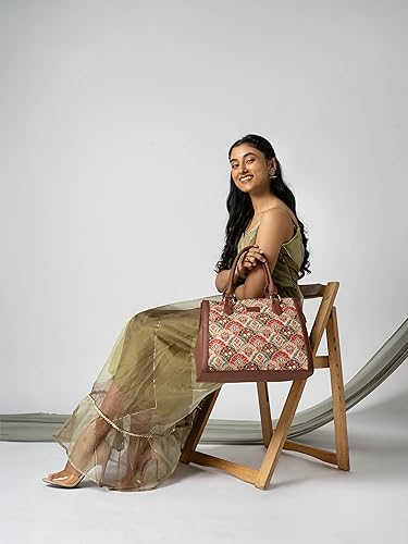 Image of ZOUK Printed Jute Handcrafted Vegan Leather Multicolor Women's Satchel Bag | Ladies Purse Handbag | Double Handle Detachable Strap