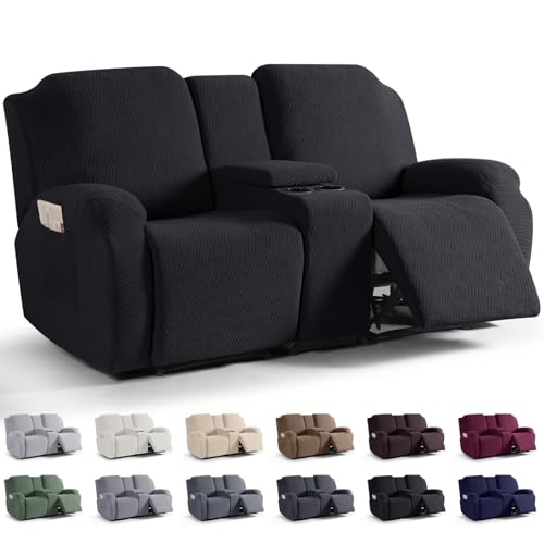 Image of KinCam Loveseat Recliner Covers with Middle Console Slipcover, Recliner Sofa Covers 2 Seat Couch Cover Stripe Jacquard Furniture Protector Covers with Elastic Bottom for Kids, Pets (Black)