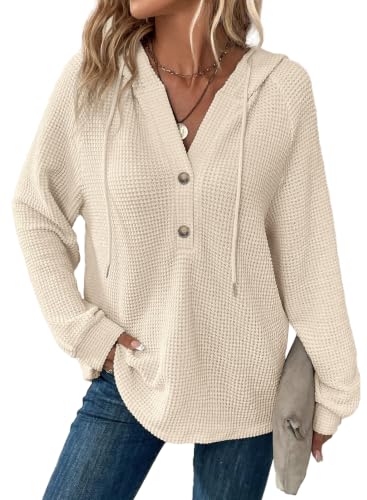Image of Dokotoo Hoodies for Women Waffle Knit Button V Neck Casual Sweatshirt Tops