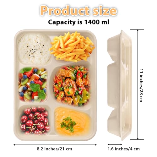 Hyuetrsa 50 Pcs 11x8.2x1.6 Inch Compartment Plates Disposable Paper Plates Tray 6 Compartment Plates Divided Paper Plates Eco-Friendly Sectional Plate Paper Tray for School Lunch Trays
