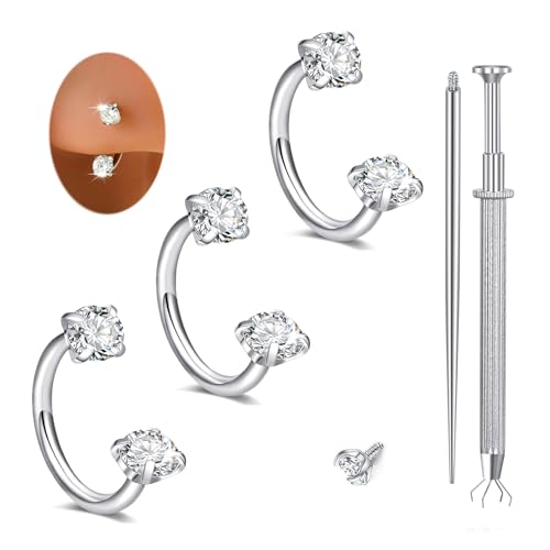 Nymora Nasenring Silber 18G 8mm - 3x Nasenstecker mit Zirkon + 2 Greifwerkzeuge für Lippenpiercing, Helix, Tragus, Daith, Smiley Piercing Damen Männer