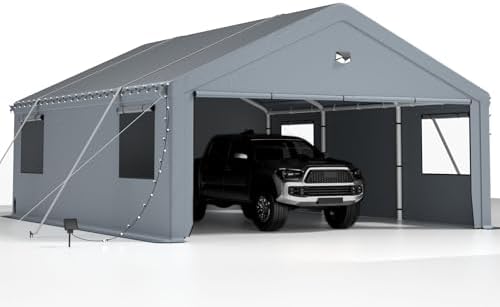 2 Car Carports 20X20 Heavy Duty,Car Port with 180G Removable Side Wall,Carport Canopy,Portable Car Port Garage,Car Shelter All Weather,Grey