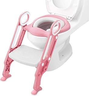 1Above Kids Toilet Ladder Seat Flexible Length Step-Stool for Boys and Girls Bathroom Aid Toddler Training Seats Portable Design (Pink+White)