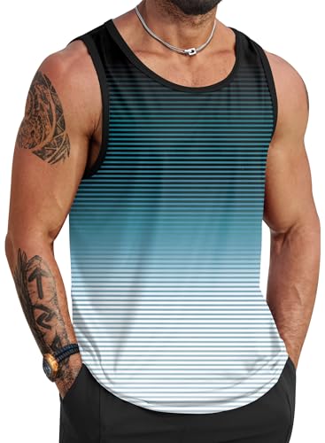 VOGSTART Men's Pinstripe Casual Tank Sport Top Swim Tank Vacation Tropical Breathable Muscular Beach Shirt Blue