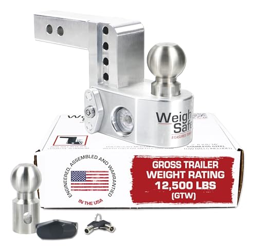Weigh Safe Aluminum Adjustable Trailer Hitch - Towing Hitch with Built-In Tongue Weight Scale - Compatible with 2" Receivers - 4" Drop, Stainless Steel Tow Balls, 12,500 GTW, 1-Piece Lock Set