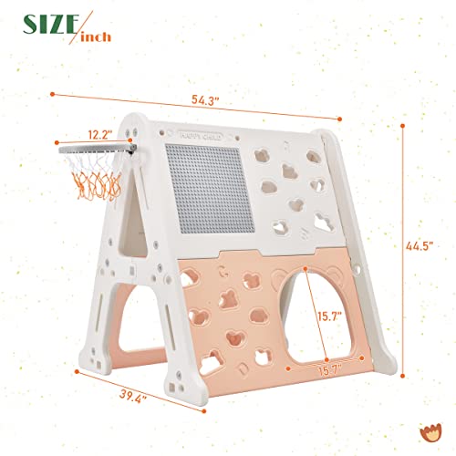 5-In-1 Toddler Climber Basketball Hoop Set, Demountable Children Playground Freestanding Climber Playset With Tunnel, Climber, Whiteboard, Toy Building Block Baseplates, Combination For Babies, Pink #TOP6