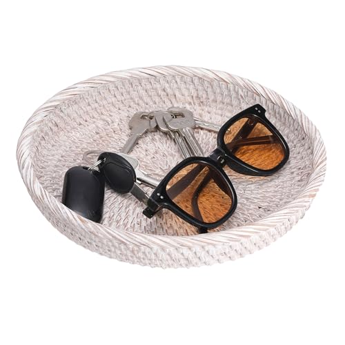 Hipiwe Round Key Bowl for Entryway, 9" Decorative Rattan Tray Woven Wicker Storage Holder Serving Basket Tray for Fruit Snacks Candy, Whitewash