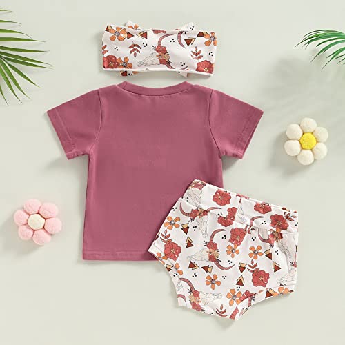 Engofs Western Baby Girl Clothes Short Sleeve Letter Cow Head Print T Shirt Tops Shorts Headband 3Pcs Toddler Boho Summer Outfits Purple 12-18 Months #TOP6