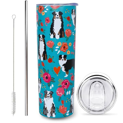Australian Shepherd Gifts for Women Cute Dog Tumbler Coffee Cup for Women Australian Shepherd Travel Mug 20 Oz Stainless Steel Insulated Water Bottle With Lid and Straw