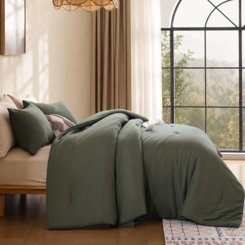Image of ROSGONIA Full Size Comforter Set, Olive Dark Green, 3pcs Soft Bedding Quilt