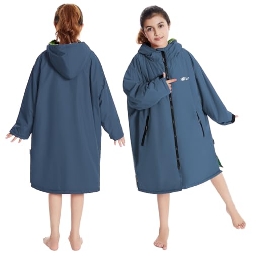 Image of Hiturbo Warm Kids Swim Parka: Waterproof Changing Robe - Oversize Swimming Coat - Hooded Surf Poncho - Thick Lining (7-14Y)