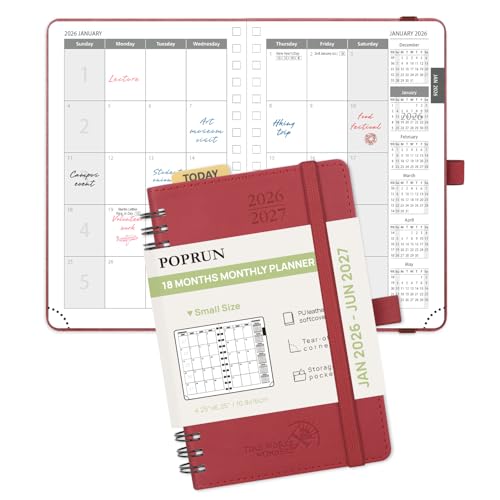 POPRUN Monthly Planner 2026-2027 (Pocket 4.25" x 6.25") 18 Months Calendar (Jan 2026 - Jun 2027) - 4 Pages per Month with Expense & Notes, Leather Cover, Sunday Starts - Burgundy Red